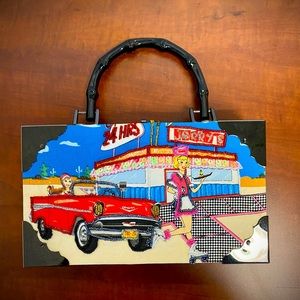 NWOT Cigarbox Purse-one side 50’s Car Hop/one side cigar box! Great for carshows